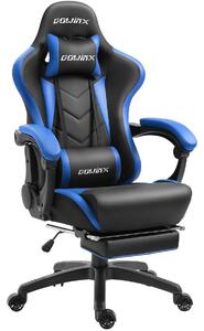 DOWINX Scaun gaming, ergonomic, suport lombar cu masaj, spătar rabatabil, tetieră, suport pentru picioare, rezistent 150 kg, piele PU, Negru/Albastru