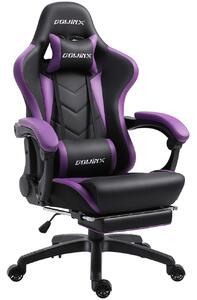 DOWINX Scaun gaming, ergonomic, suport lombar cu masaj, spătar rabatabil, tetieră, suport pentru picioare, rezistent 150 kg, piele PU, Negru/Violet