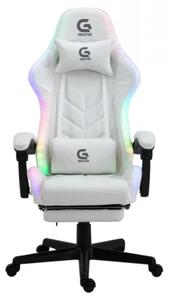 Scaun gaming, boxe Bluetooth, sistem iluminare bandă LED RGB, masaj în perna lombară, suport picioare, Alb
