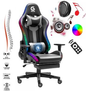 Scaun gaming, sistem iluminare bandă LED RGB, boxe Bluetooth, masaj în perna lombara, funcție șezlong, 90-180 grade, suport picioare, SIG GS 024, Negru/Gri