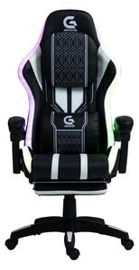 Scaun gaming HOFRE, boxe Bluetooth, sistem iluminare bandă LED RGB, masaj în perna lombară, suport picioare, PU, Negru/Alb