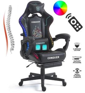 Scaun gaming cu masaj în perna lombară, sistem iluminare bandă LED RGB, suport lombar reglabil, suport picioare, PU, Negru/Alb