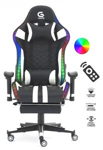 Scaun gaming cu sistem iluminare bandă LED RGB, masaj în perna lombară, suport picioare, funcție șezlong, 90-180 grade, piele ecologica, Negru/Alb