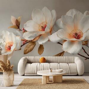Tapet Flori delicate pe o ramură în tonuri pastelate cu centre portocalii, Fototapet Flori, w09299 : Uwalls.ro
