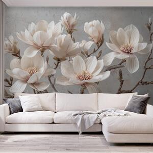 Tapet Ramuri de magnolie cu flori mari de lumină în tonuri atenuate, Fototapet Flori, w09305 : Uwalls.ro
