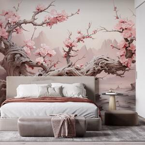 Tapet Trunchi de copac răsucit cu sakura roz înflorit, Fototapet pădure, Fototapet copaci, w09388 : Uwalls.ro
