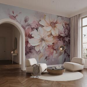 Tapet Un aranjament floral cu flori mari, texturate, în culori delicate, în nuanțe de burgund, piersic și alb,, Fototapet Flori, w09398 : Uwalls.ro