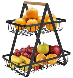 Coș de fructe din metal negru pe 2 niveluri, cu mâner din lemn, pentru blat