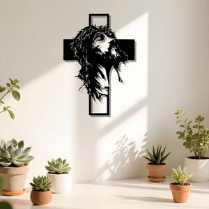 Cruce decorativă de perete din metal negru, cu chipul lui Iisus, stil modern