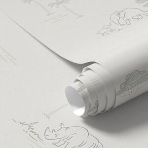 Tapet Safari minimalist: elefanți, rinoceri, leoparzi și palmieri, Tapet pentru copii, a00492 : Uwalls.ro