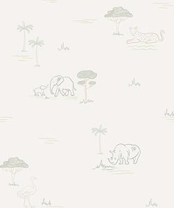 Tapet Safari minimalist: elefanți, rinoceri, leoparzi și palmieri, Tapet pentru copii, a00492 : Uwalls.ro