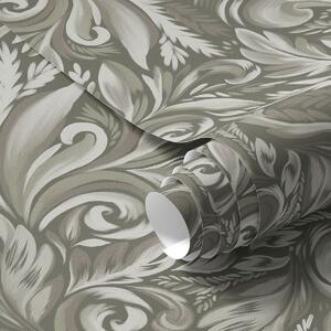 Tapet Volute Acanthus într-o paletă de culori bej-măsliniu, Tapet natura, Tapet frunze, a00501 : Uwalls.ro