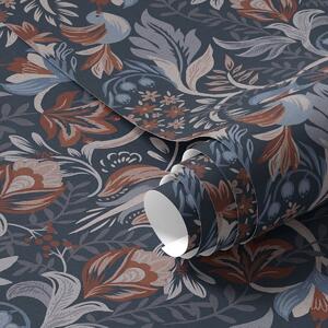 Tapet Ornament popular cu păsări, indigo intens, Tapet flori, a00502v1 : Uwalls.ro