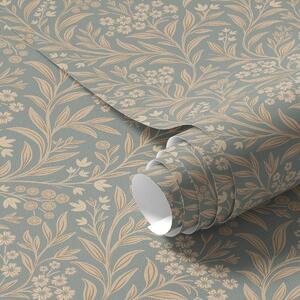 Tapet Stil Morris: ramuri bej pe fond gri-verde, Tapet flori, a00569 : Uwalls.ro