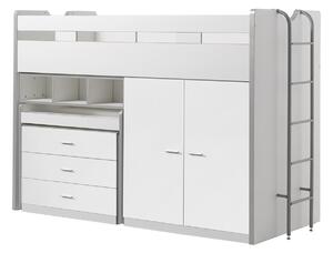 Pat etajat din pal si metal cu birou incorporat, 3 sertare si dulap, pentru copii Bonny High Alb, 200 x 90 cm