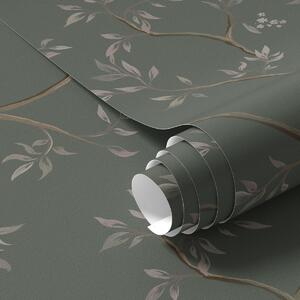 Tapet Ramuri delicate cu frunze pe un fundal verde închis, Tapet flori, a00597 : Uwalls.ro