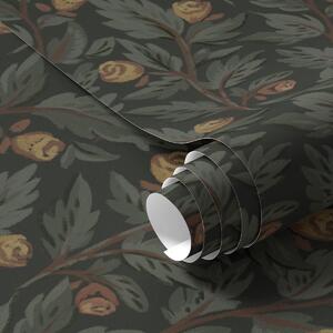 Tapet Model floral închis la culoare, cu muguri și frunze galbene, Tapet flori, a00598 : Uwalls.ro