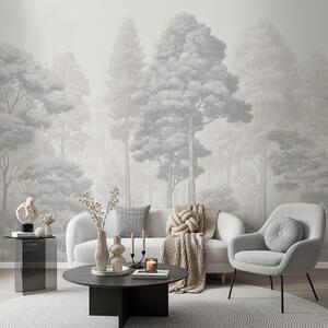 Tapet Peisaj forestier artistic realizat prin tehnica hașurării grafice alb-negru, Fototapet Natură, w09411 : Uwalls.ro