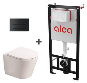 Set ramă de montaj cu rezervor și clapetă de acționare negru mat, Alcadrain și vas WC suspendat Fluminia, Clementina