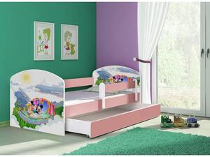 Pat copii cu sertar si saltea Mickey si Minnie Mouse roz si protectie anticadere