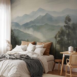 Tapet Lanț muntos în ceață, cu copaci, ceață, cer înnorat, culori estompate, stil pictural peisagistic, Fototapet Natură, w09424 : Uwalls.ro