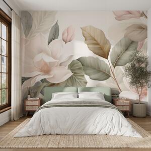 Tapet Flori de magnolie cu frunze în culori pastelate, alb, roz și verde, delicate, în stil acuarelă, Fototapet Flori, w09427 : Uwalls.ro