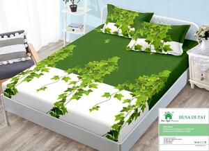 Husă de pat, finet, 140x200cm, 2 persoane, set 3 piese, cu elastic, verde si alb, cu frunze iedera, HPF14029