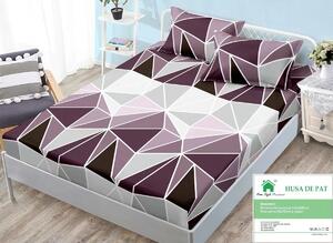 Husă de pat, finet, 140x200cm, 2 persoane, set 3 piese, cu elastic, mov si gri, cu forme geometrice, HPF14026