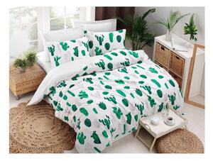 Lenjerie și cearșaf din amestec de bumbac pentru pat dublu Kaktus Green, 200 x 220 cm