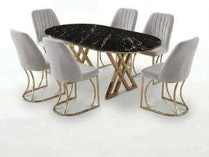 Set Masa şi 6 Scaune Monza, Stil Elegant, Detalii Aurii, 90x180 cm, Blat Marmorat Negru