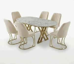 Set Masa şi 6 Scaune Monza, Stil Elegant, Detalii Aurii, 90x180 cm, Blat Marmorat Alba