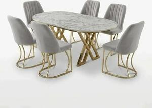 Set Masa şi 6 Scaune Monza, Stil Elegant, Detalii Aurii, 85x160 cm, Blat Marmorat Alba
