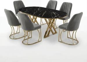 Set Masa şi 6 Scaune Monza, Stil Elegant, Detalii Aurii, 90x180 cm, Blat Marmorat Negru