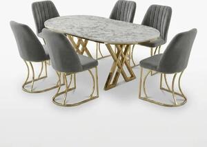 Set Masa şi 6 Scaune Monza, Stil Elegant, Detalii Aurii, 90x180 cm, Blat Marmorat Alba