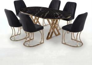 Set Masa şi 6 Scaune Monza, Stil Elegant, Detalii Aurii, 90x180 cm, Blat Marmorat Negru