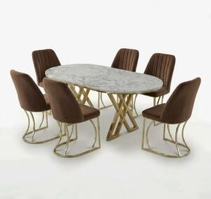 Set Masa şi 6 Scaune Monza, Stil Elegant, Detalii Aurii, 90x180 cm, Blat Marmorat Alba