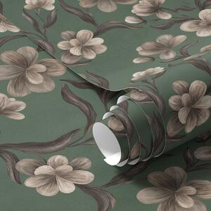 Tapet Flori bej pe un fundal verde intens, Tapet flori, a00626v3 : Uwalls.ro