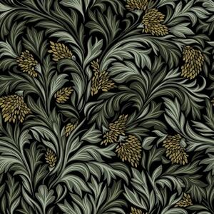 Tapet Frunze de acant negre cu conuri galbene pe fond negru, Tapet flori, a00745 : Uwalls.ro