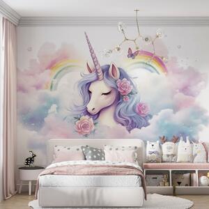 Tapet Unicorn pastelat în nori cu curcubeu și trandafiri, Fototapet Pentru Copii, Fototapet Unicorni, w03990 : Uwalls.ro