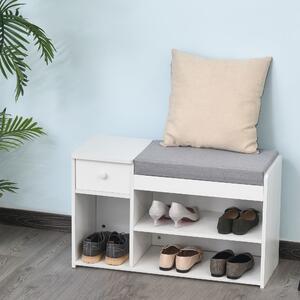 Banca pantofar cu perna, sertar si 3 compartimente deschise, mobilier din lemn pentru hol 81x31.5x49cm, alb
