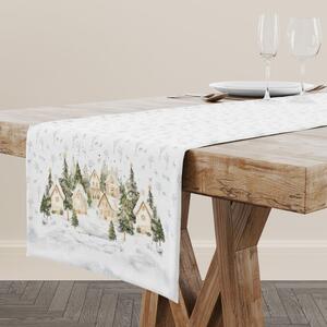 Napron Craciun bumbac 100% 40x150cm cu brazi si casute, Snowy