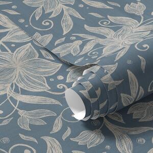 Tapet Flori crem liniare pe fond albastru, volute delicate, Tapet flori, a00630 : Uwalls.ro