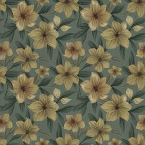 Tapet Flori ocru pe un fundal verde intens, model dens, Tapet flori, a00628 : Uwalls.ro