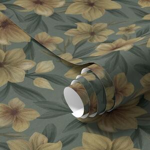 Tapet Flori ocru pe un fundal verde intens, model dens, Tapet flori, a00628 : Uwalls.ro