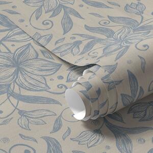 Tapet Model floral liniar albastru pe fond bej cald, Tapet flori, a00630v2 : Uwalls.ro