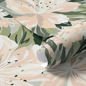 Tapet Flori mari de culoare crem pe un fundal verde deschis, Tapet flori, a00646 : Uwalls.ro