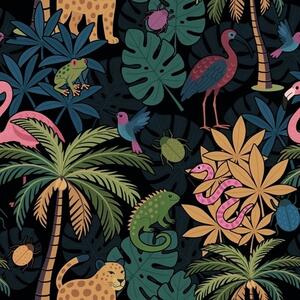 Tapet Animale tropicale viu colorate printre frunze, pe un fundal întunecat, Tapet natura, Tapet frunze, a00701 : Uwalls.ro