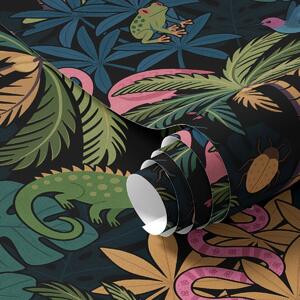 Tapet Animale tropicale viu colorate printre frunze, pe un fundal întunecat, Tapet natura, Tapet frunze, a00701 : Uwalls.ro