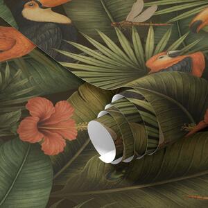 Tapet Tucani și papagali printre frunzișul tropical și flori, Tapet flori, a00702 : Uwalls.ro