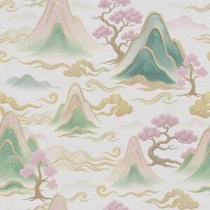 Tapet Munți, nori și pini într-un stil decorativ oriental, Tapet stil oriental, a00703 : Uwalls.ro